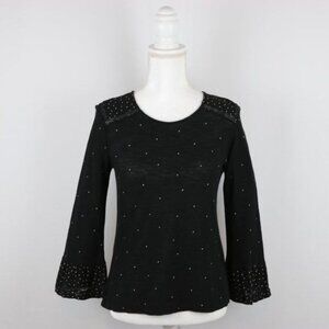 Lucky Brand Women's Small Black Cream Polka Dot 3/4 Bell Sleeve Knit Blouse